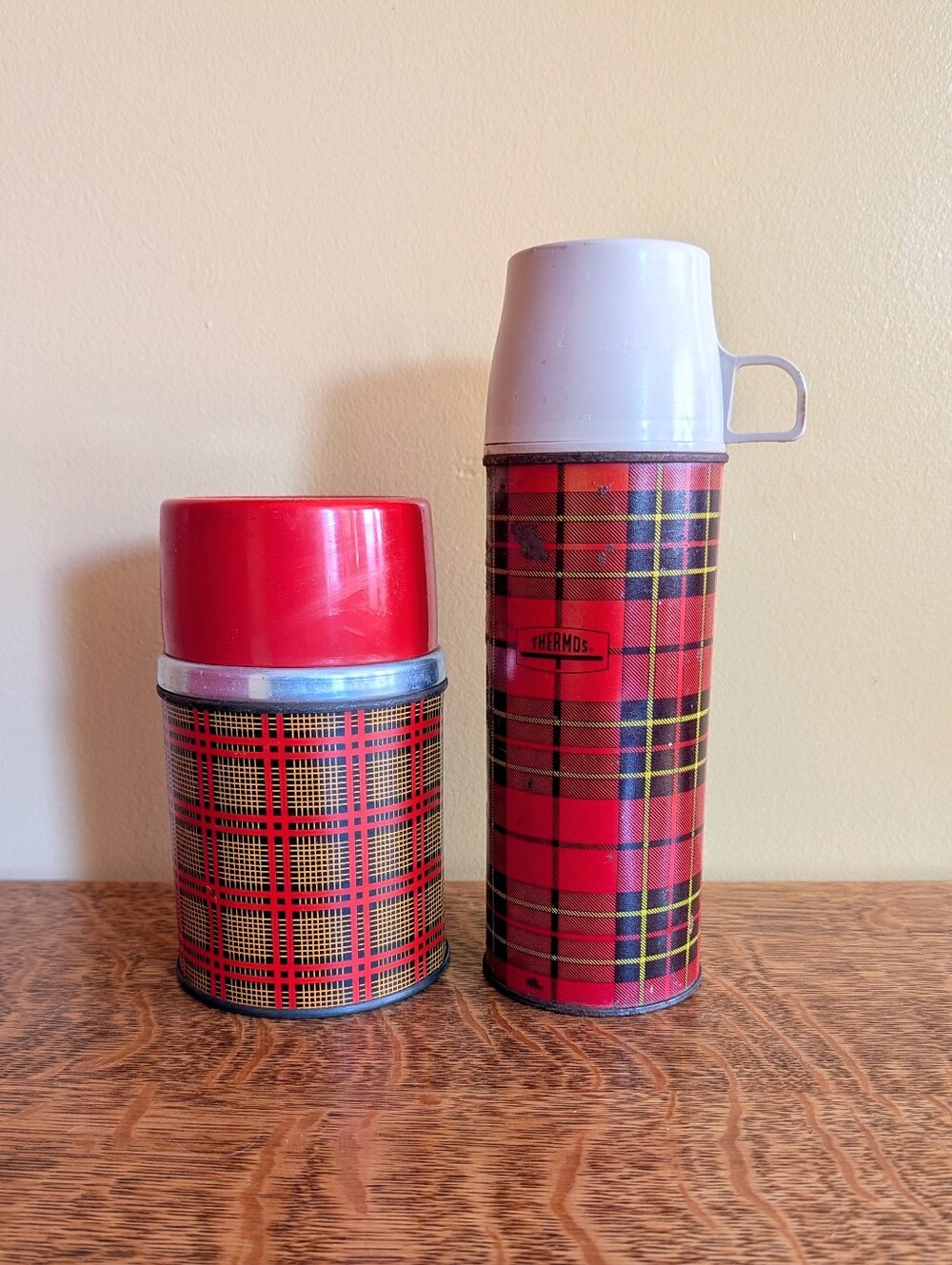 Pair Vintage MCM Thermoses Red Plaid Tartan Thermos Aladdin Retro Camp Cabin